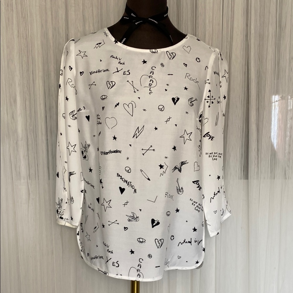 OUI blouse 100% viscose Women's White Black Graphic/Novelty Print Top! Size 4